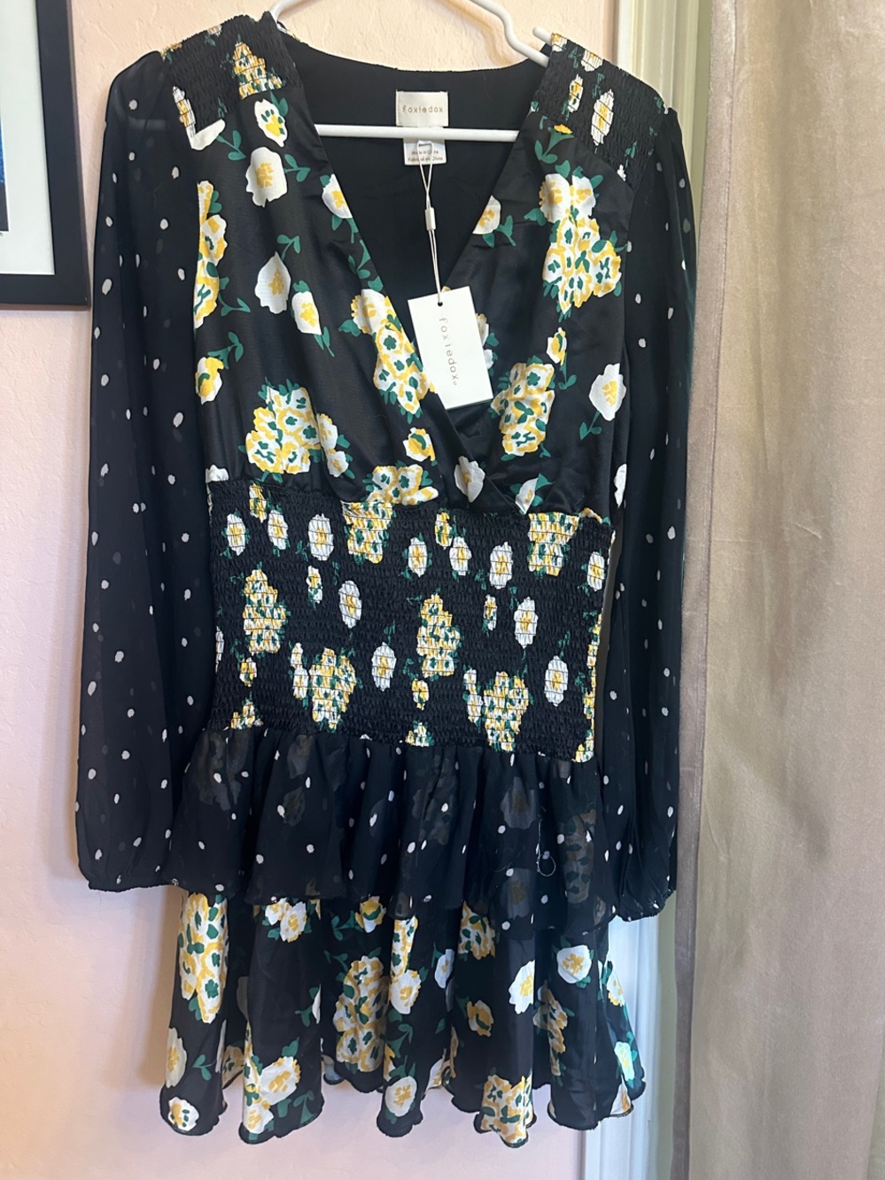 Foxiedox Black Floral Ruffle Mini Dress with Yellow & White Flowers NWT